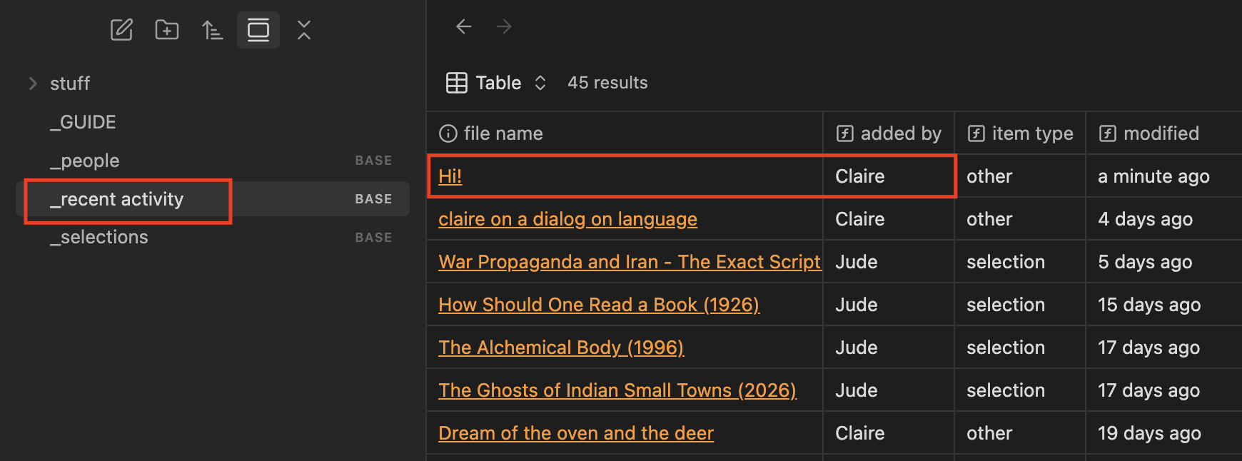 Recent Activity view